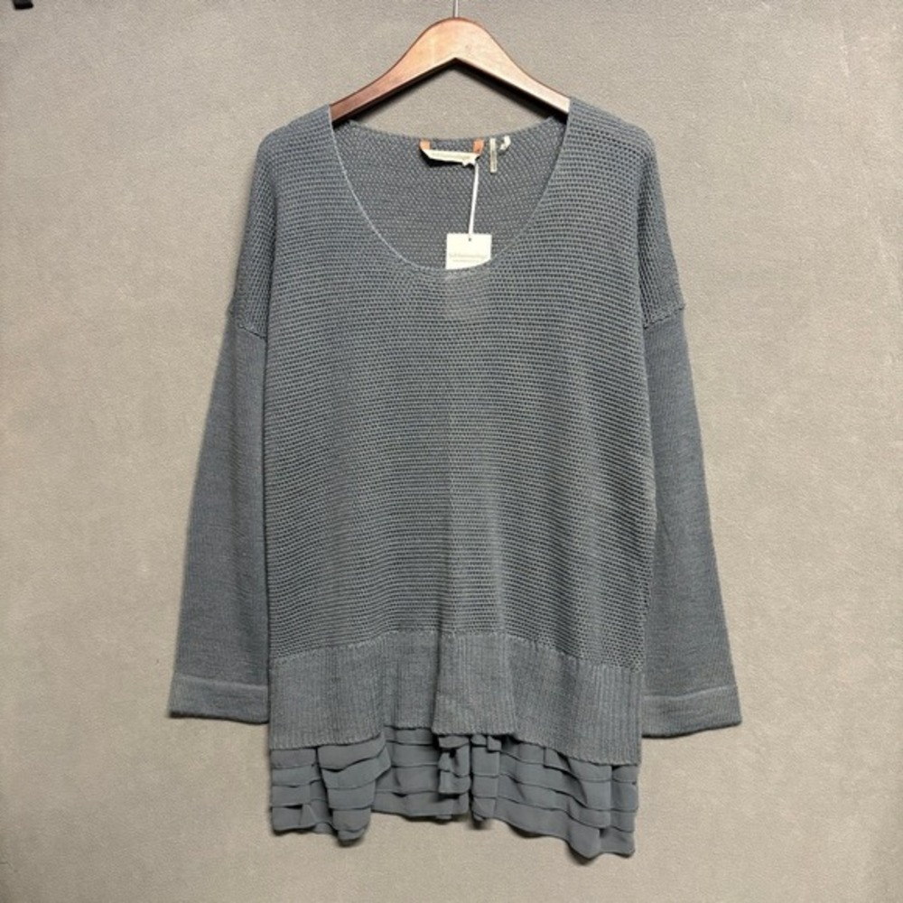 Soft Surroundings Knit Sweater XL Blue Gray‎ Ruffle Hem Long Sleeve Style 25090